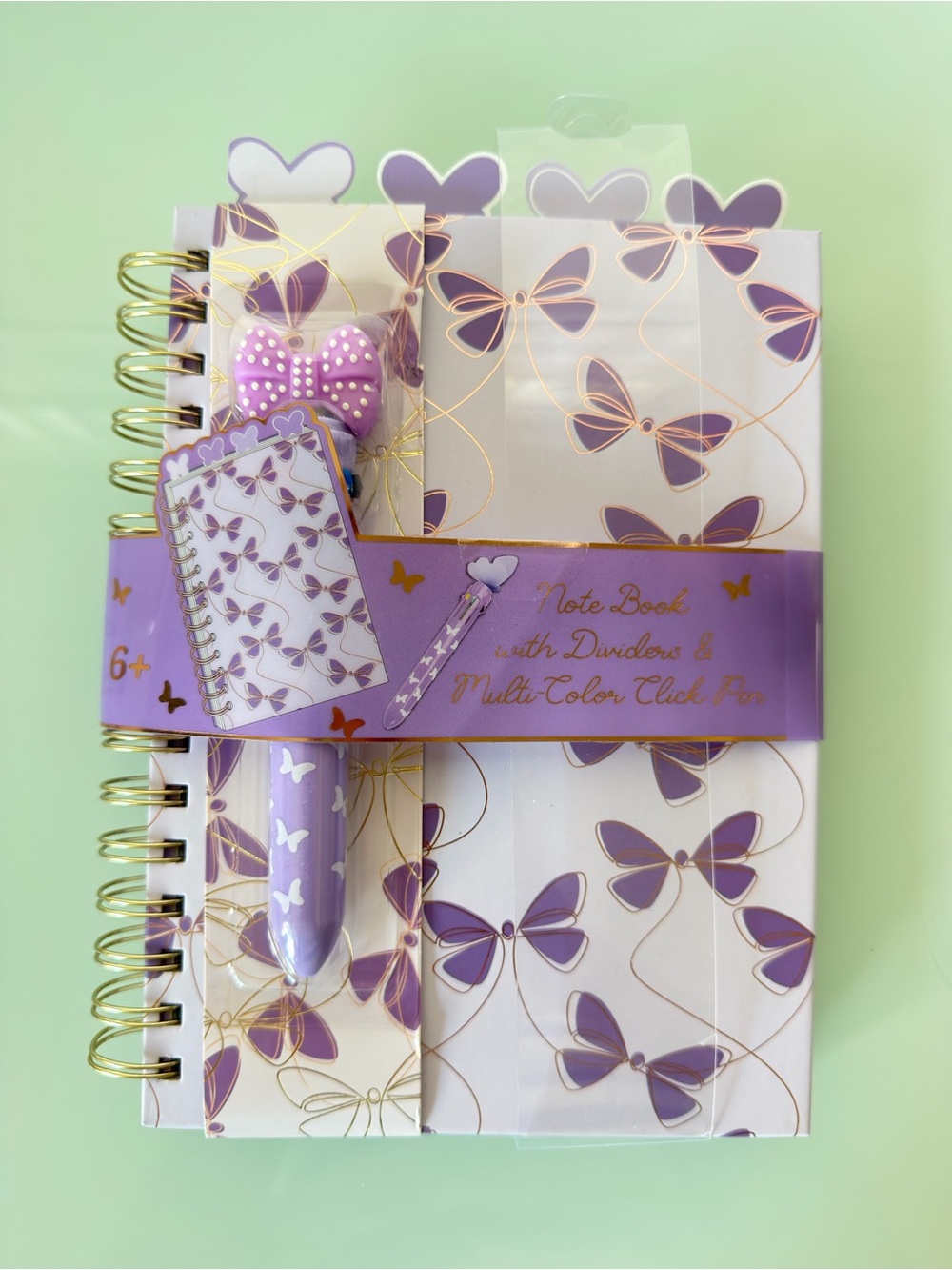 Purple Butterfly Spiral Notebook Gift Set with Pen and Bow Clip